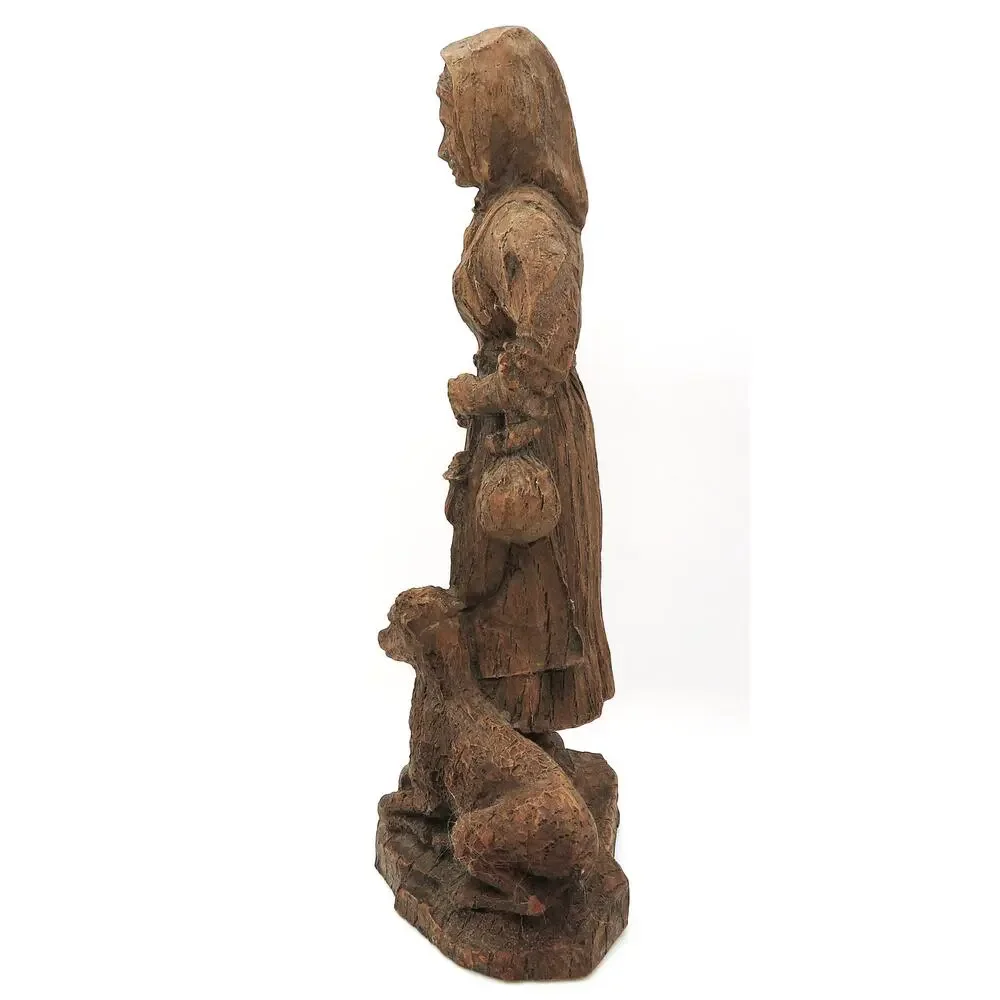 Vintage Carved Wood Woman with Lamb Figurine 8in Folk Art Naturholz Geschnitzt